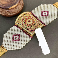 Everlasting Jadau Gold Plated Austrian Stone And Pearl Hand Dasti / Bracelet