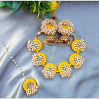 Handmade For Her  Handmade Yellow Floral Jewelry Set for Women – Pearl & Kundan Gota Patti Necklace, Earrings, and Maang Tikka for Haldi & Festive Wear