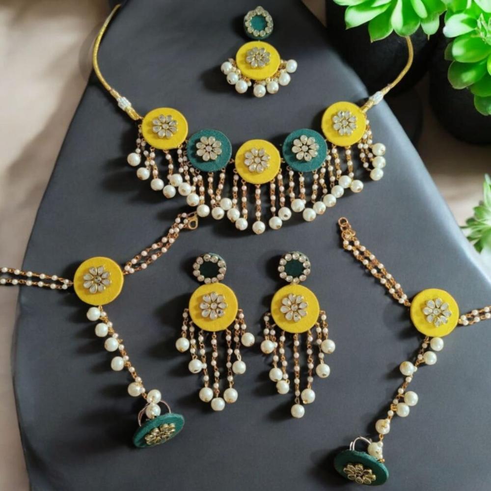 Bajana Lifestyle Yellow-Green Thread & Pearl Bridal Jewelry Set – Handmade Haldi Mehndi Floral Jewellery for Bride