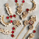 Bajana Lifestyle Red Bridal Cowrie & Kundan Pearl Jewelry Set – Handmade Haldi/Mehendi/Traditional Wedding Set