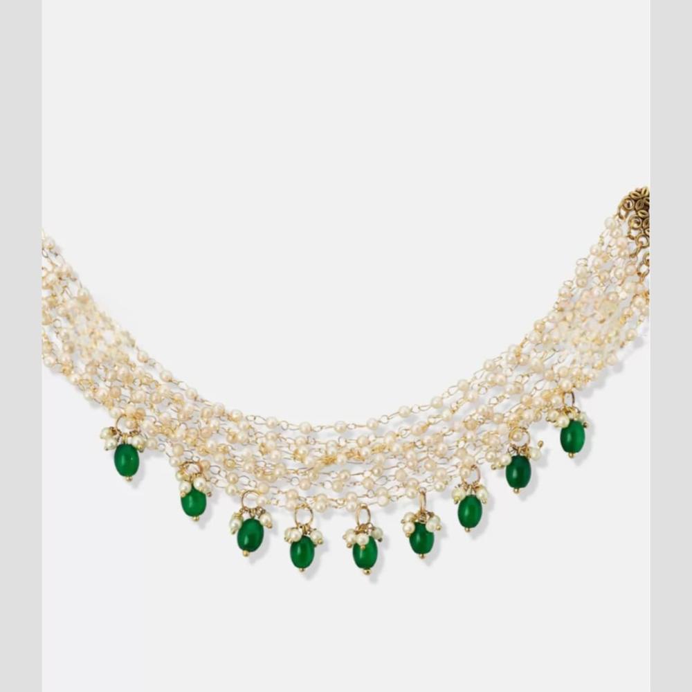 Handmade For Her  Handmade Pearl Beaded Choker Necklace with Green Beads | Traditional Bridal Jewelry for Women