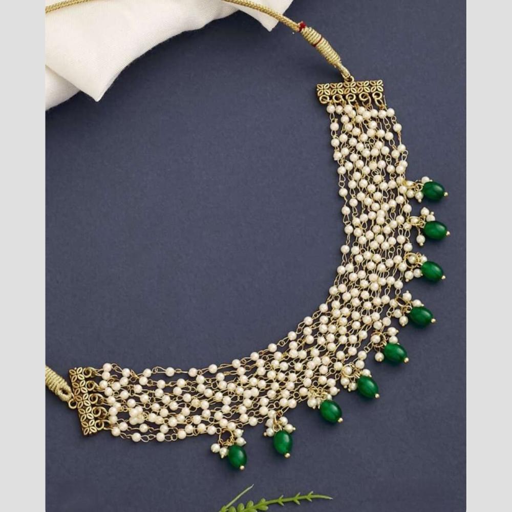 Handmade For Her  Handmade Pearl Beaded Choker Necklace with Green Beads | Traditional Bridal Jewelry for Women