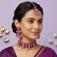 Handmade For Her Handmade Purple Choker Necklace With Earrings And Maangtikka