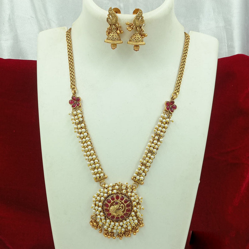 Joyful Jewel Art Matte Gold Plated Kundan Stone And Pearls Long Necklace Set