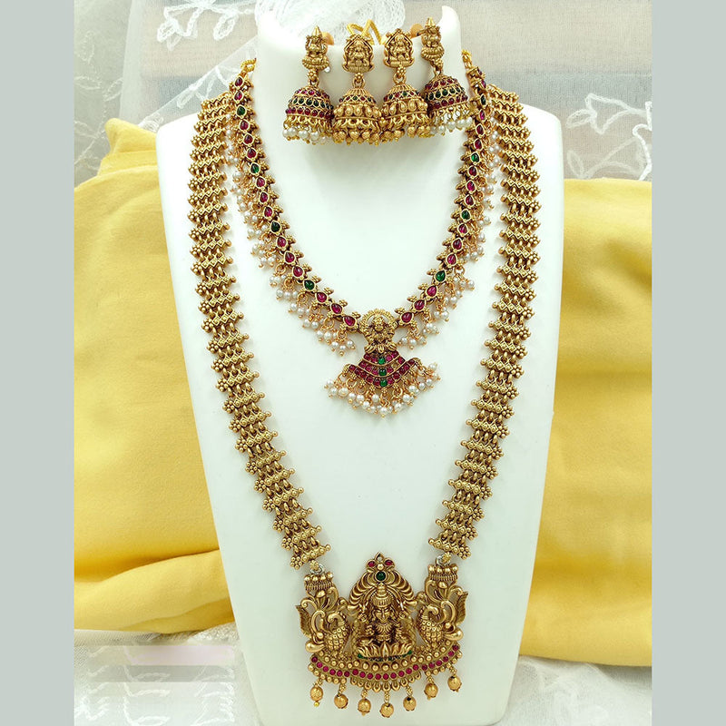 Joyful Jewel Art Matte Gold Plated Kundan Stone And Temple Double Necklace Set