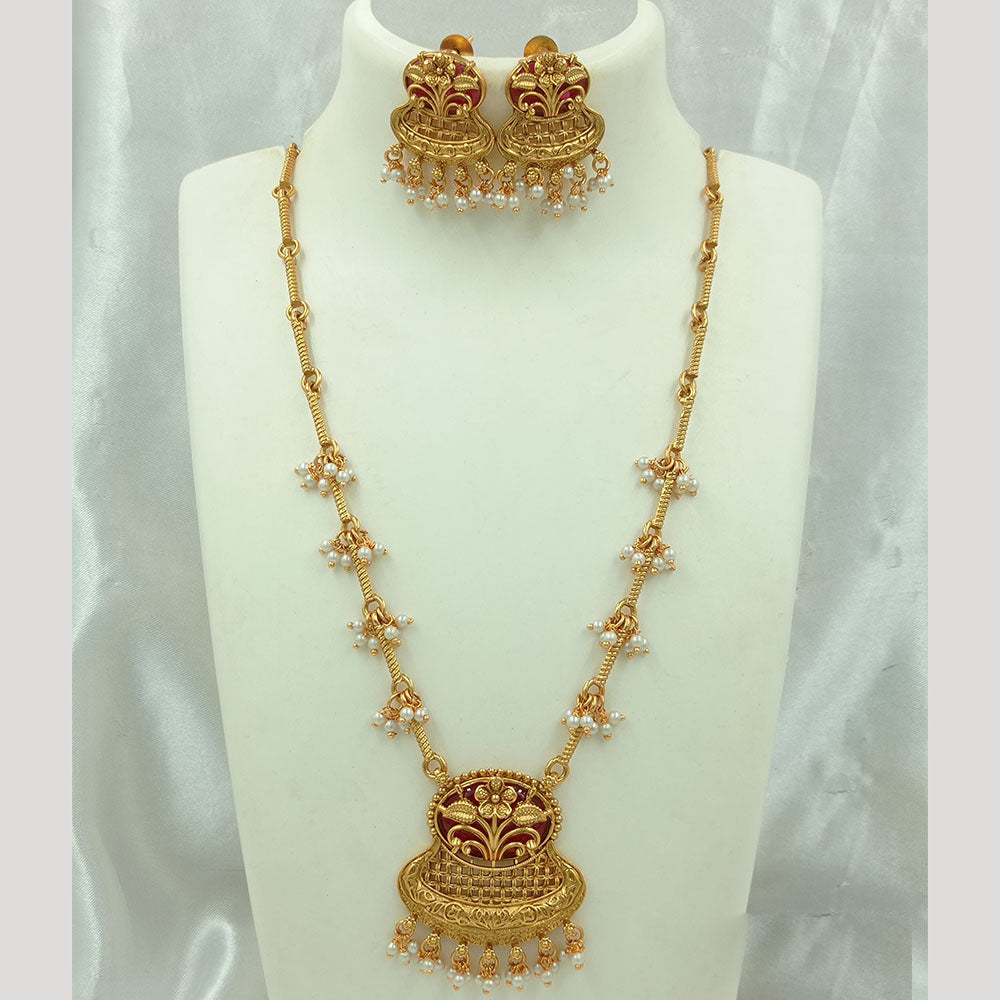 Joyful Jewel Art Matte Gold Plated Pearls Long Necklace Set