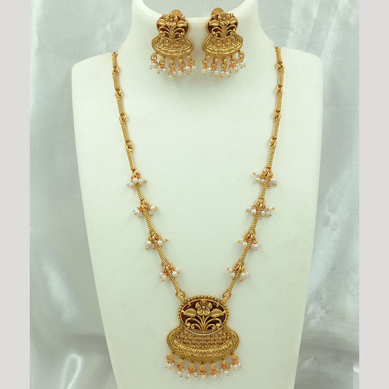 Joyful Jewel Art Matte Gold Plated Pearls Long Necklace Set