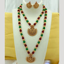 Joyful Jewel Art Matte Gold Plated Kundan Stone And Temple Double Necklace Set