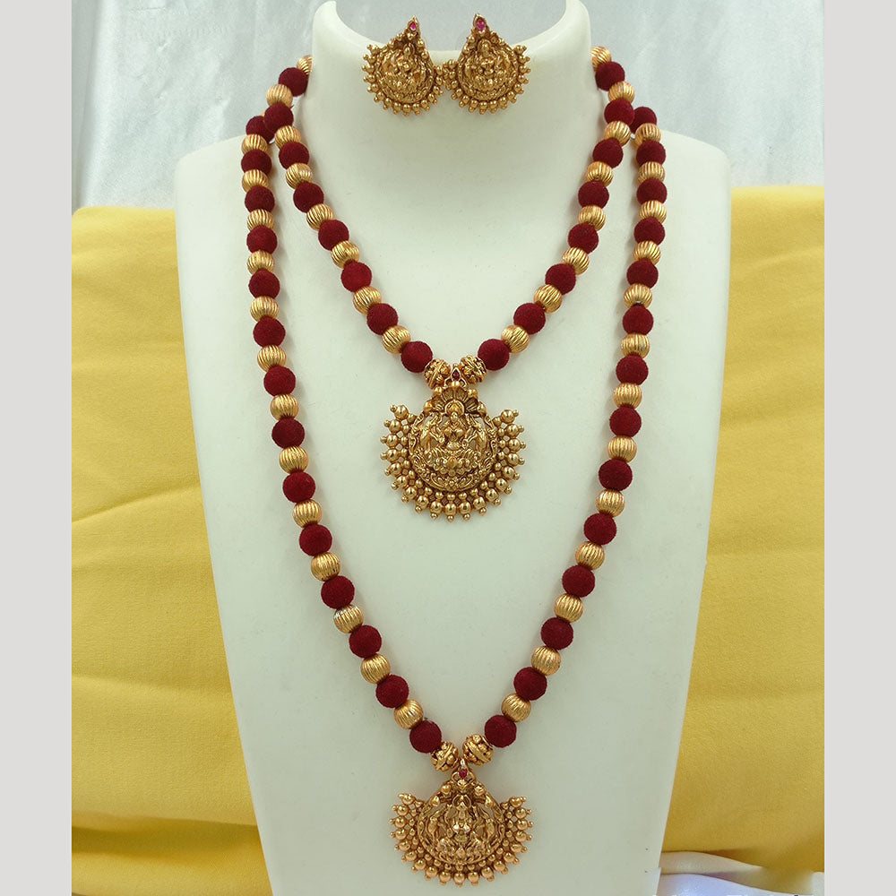Joyful Jewel Art Matte Gold Plated Kundan Stone And Temple Double Necklace Set