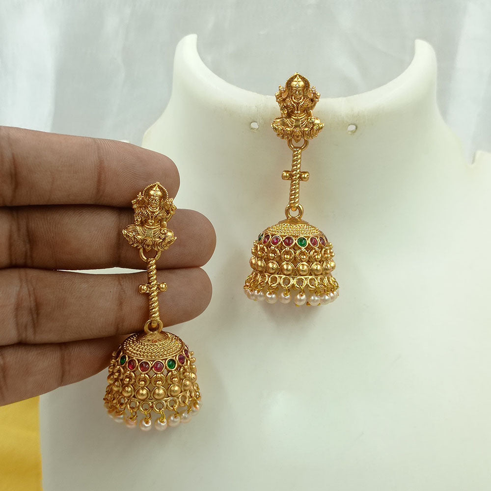 Joyful Jewel Art Matte Gold Plated Pota Stone And Temple Jhumki Earrings
