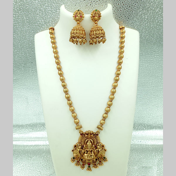 Joyful Jewel Art Matte Gold Plated Pota Stone Temple Long Necklace Set