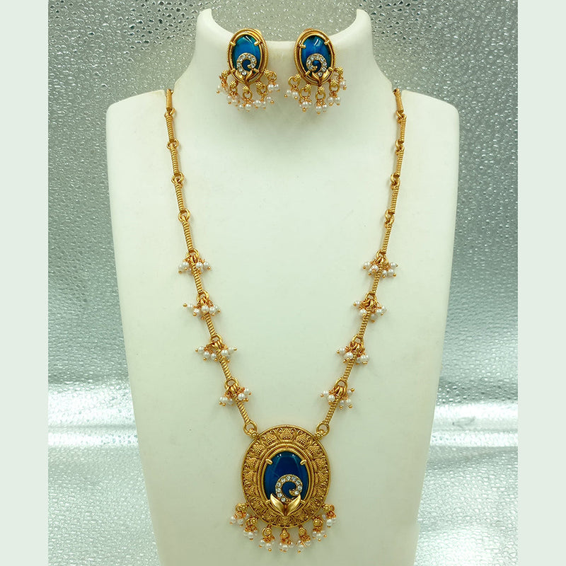 Joyful Jewel Art Matte Gold Plated Austrian  Stone And Pearl Long  Necklace Set