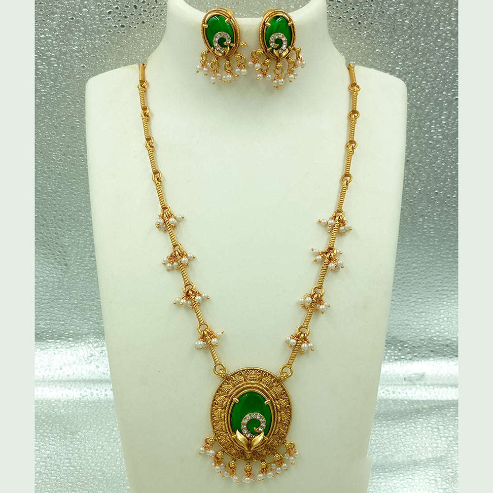 Joyful Jewel Art Matte Gold Plated Austrian  Stone And Pearl Long  Necklace Set