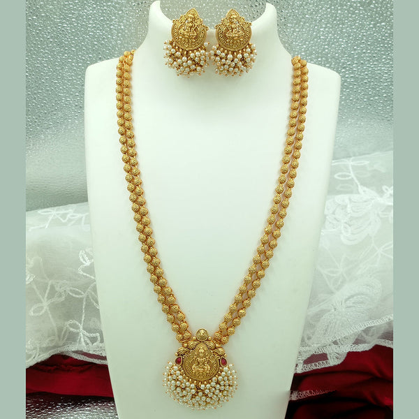 Joyful Jewel Art Matte Gold Plated Pota Stone And Pearl Temple Long Necklace Set