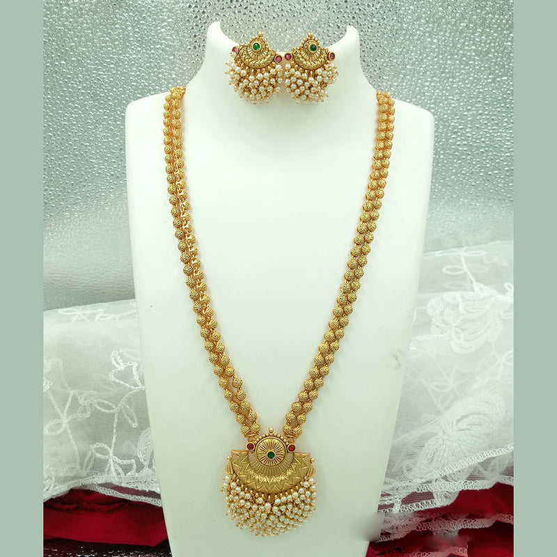 Joyful Jewel Art Matte Gold Plated Pota Stone And Pearl Long Necklace Set