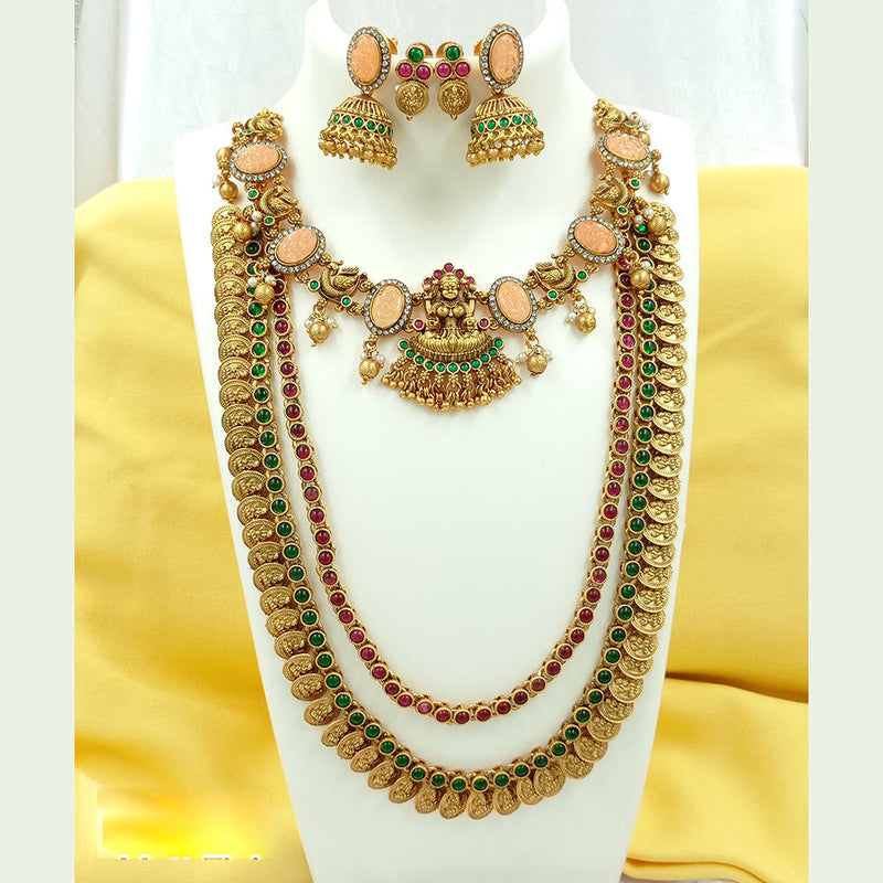 Joyful Jewel Art Matte Gold Plated Pota Stone Temple Long Necklace Combo