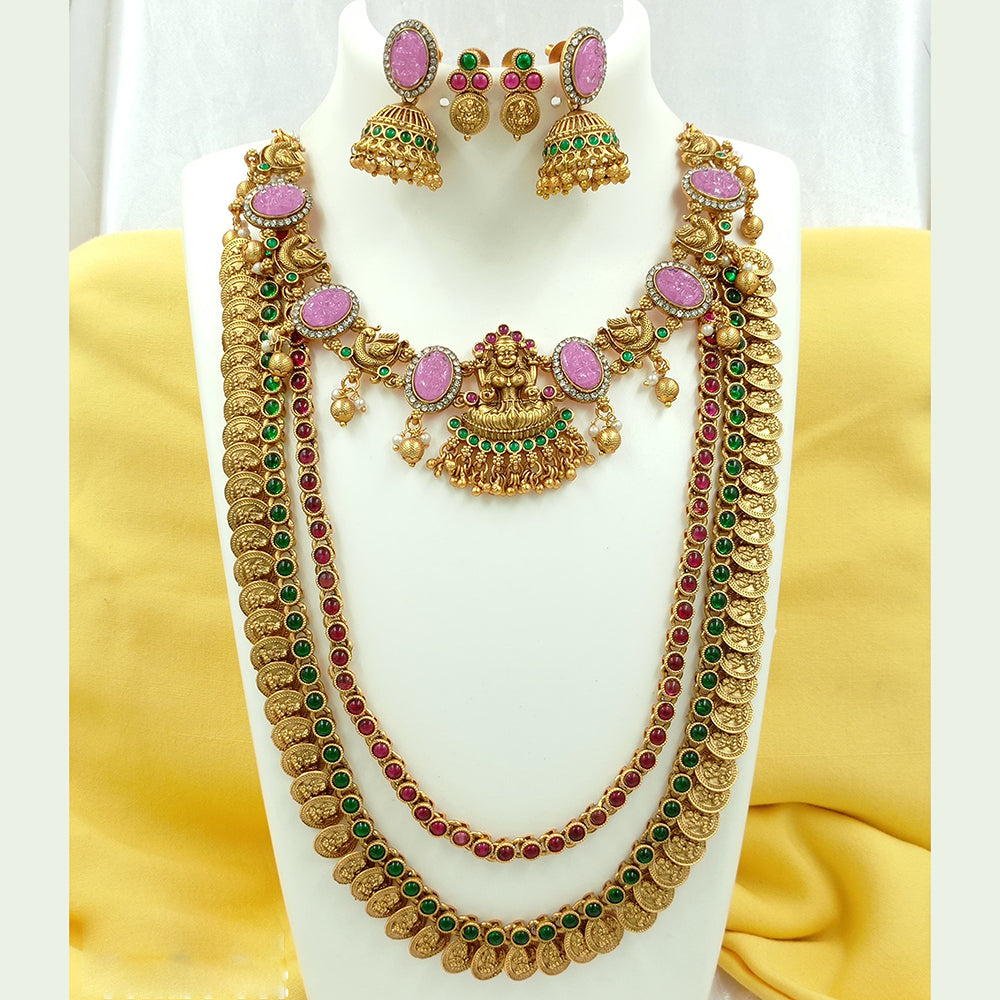 Joyful Jewel Art Matte Gold Plated Pota Stone Temple Long Necklace Combo