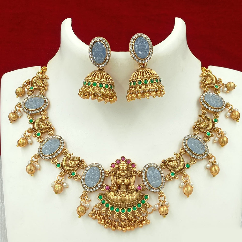 Joyful Jewel Art Matte Gold Plated Pota Stone Temple Necklace Set