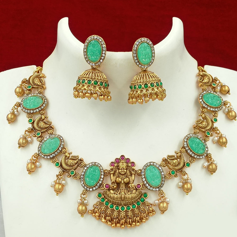 Joyful Jewel Art Matte Gold Plated Pota Stone Temple Necklace Set