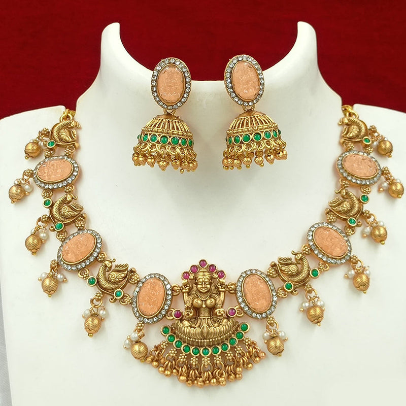 Joyful Jewel Art Matte Gold Plated Pota Stone Temple Necklace Set