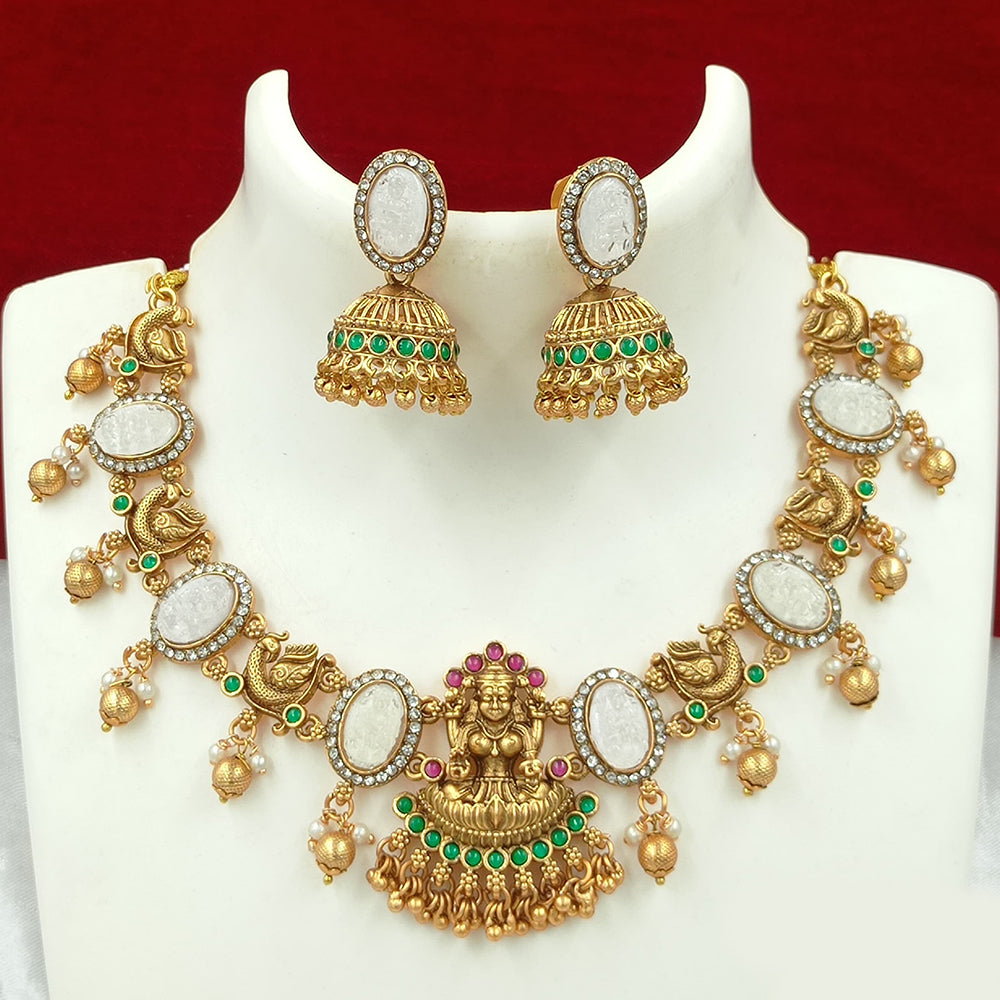 Joyful Jewel Art Matte Gold Plated Pota Stone Temple Necklace Set