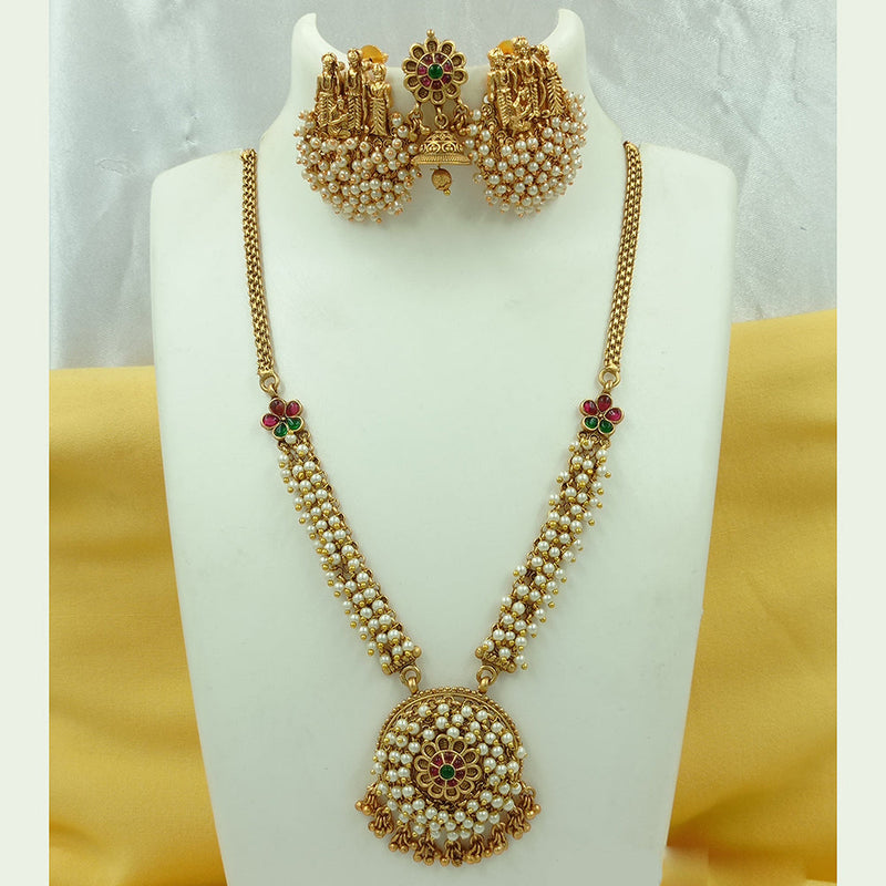 Joyful Jewel Art Matte Gold Plated Pota Stone And Pearl Long  Necklace Set