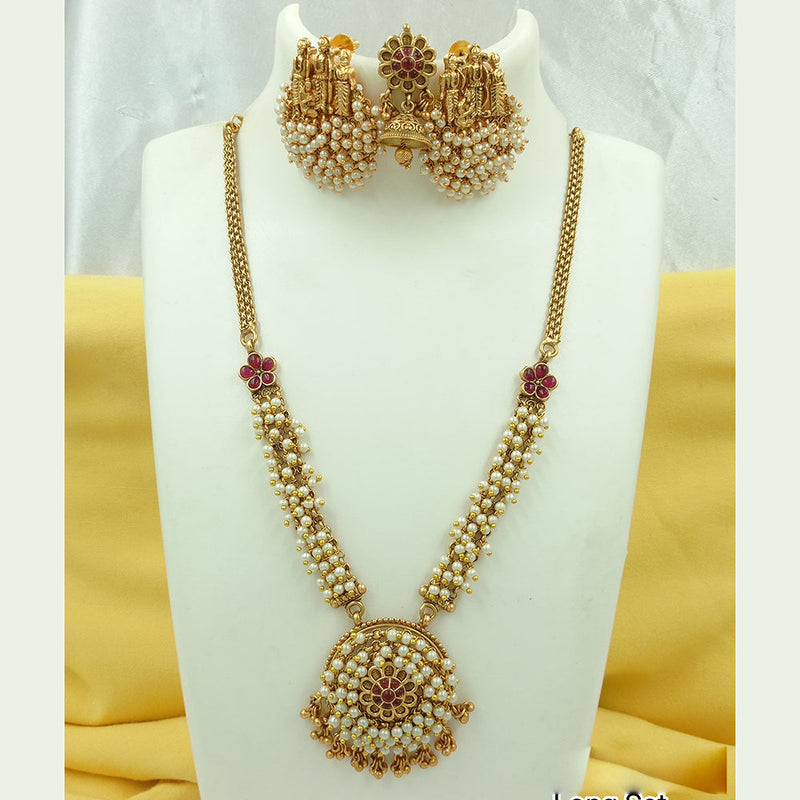 Joyful Jewel Art Matte Gold Plated Pota Stone And Pearl Long  Necklace Set