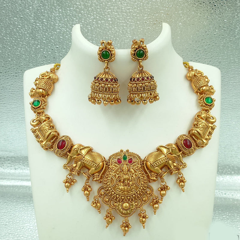 Joyful Jewel Art Matte Gold Plated Pota Stone Temple Necklace Set