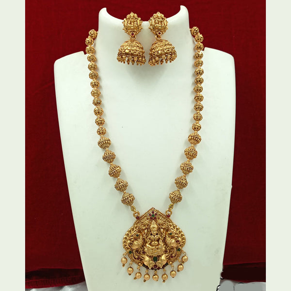 Joyful Jewel Art Matte Gold Plated Pota Stone Temple Long Necklace Set