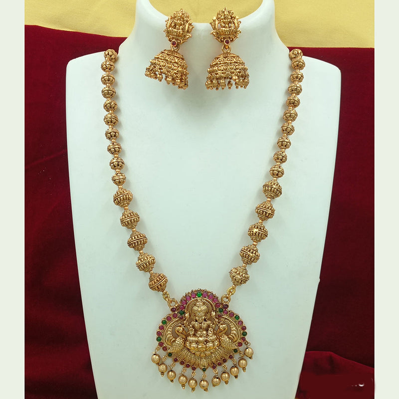 Joyful Jewel Art Matte Gold Plated Pota Stone Temple Long Necklace Set