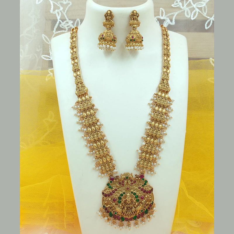 Joyful Jewel Art Matte Gold Plated Pota Stone Temple Long Necklace Set