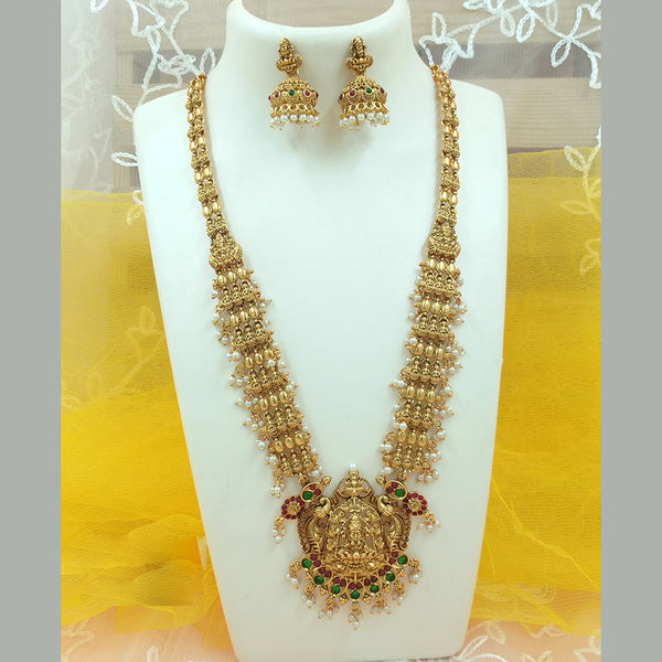 Joyful Jewel Art Matte Gold Plated Pota Stone Temple Long Necklace Set