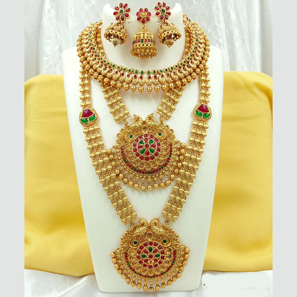 Joyful Jewel Art Matte Gold Plated Pota Stone And Peacock Long Necklace Combo