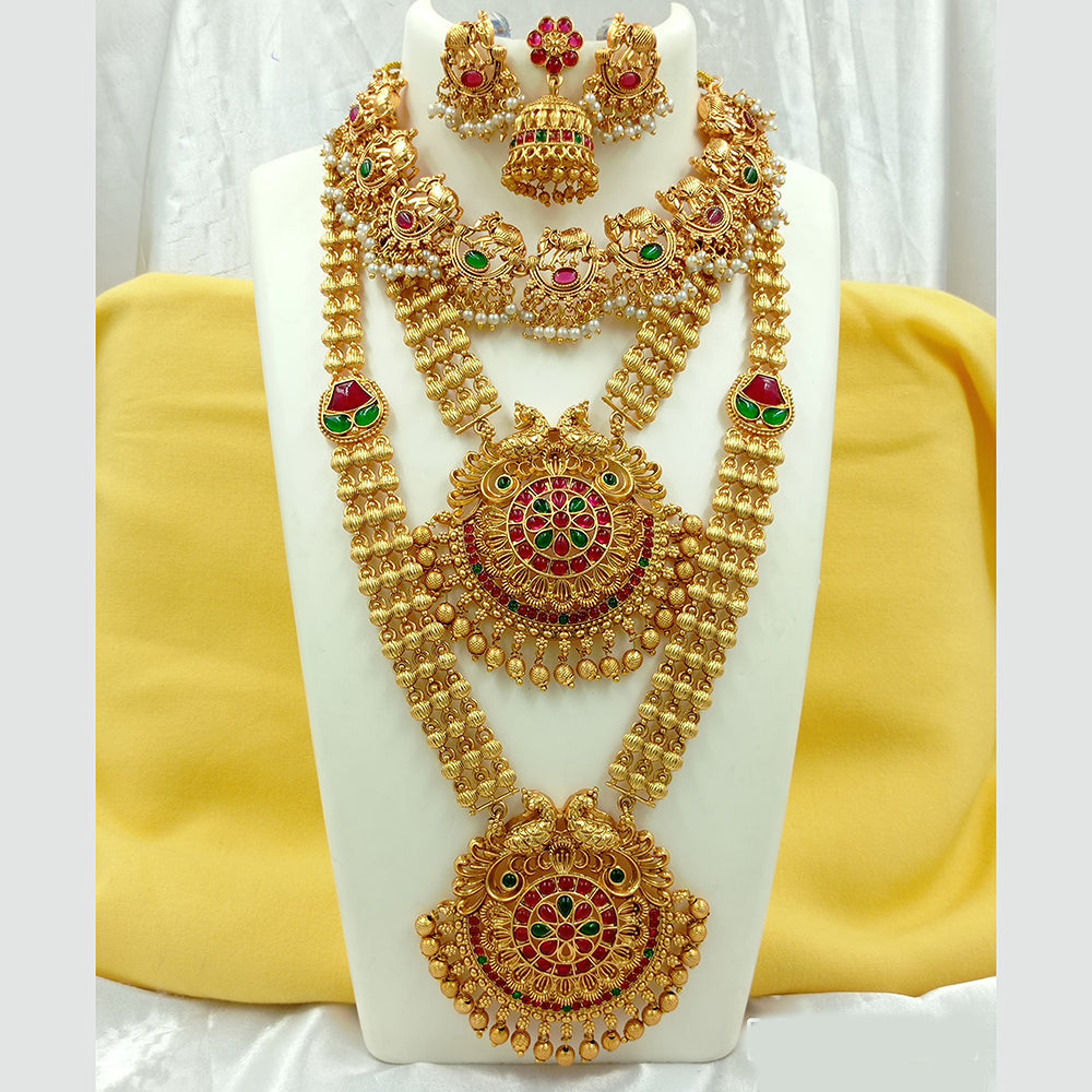 Joyful Jewel Art Matte Gold Plated Pota Stone And Peacock Long Necklace Combo