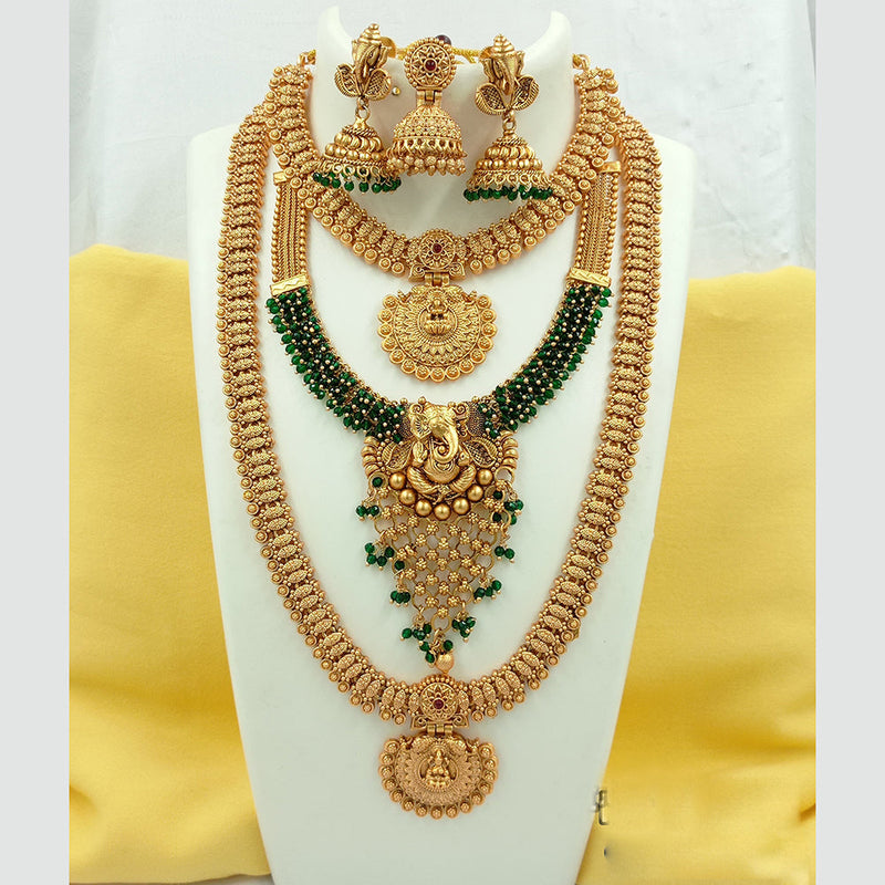 Joyful Jewel Art Matte Gold Plated Pota Stone Long Temple Necklace Combo