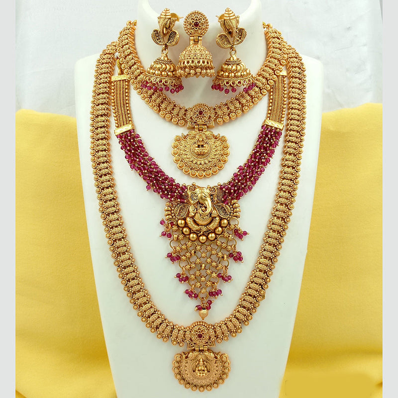 Joyful Jewel Art Matte Gold Plated Pota Stone Long Temple Necklace Combo