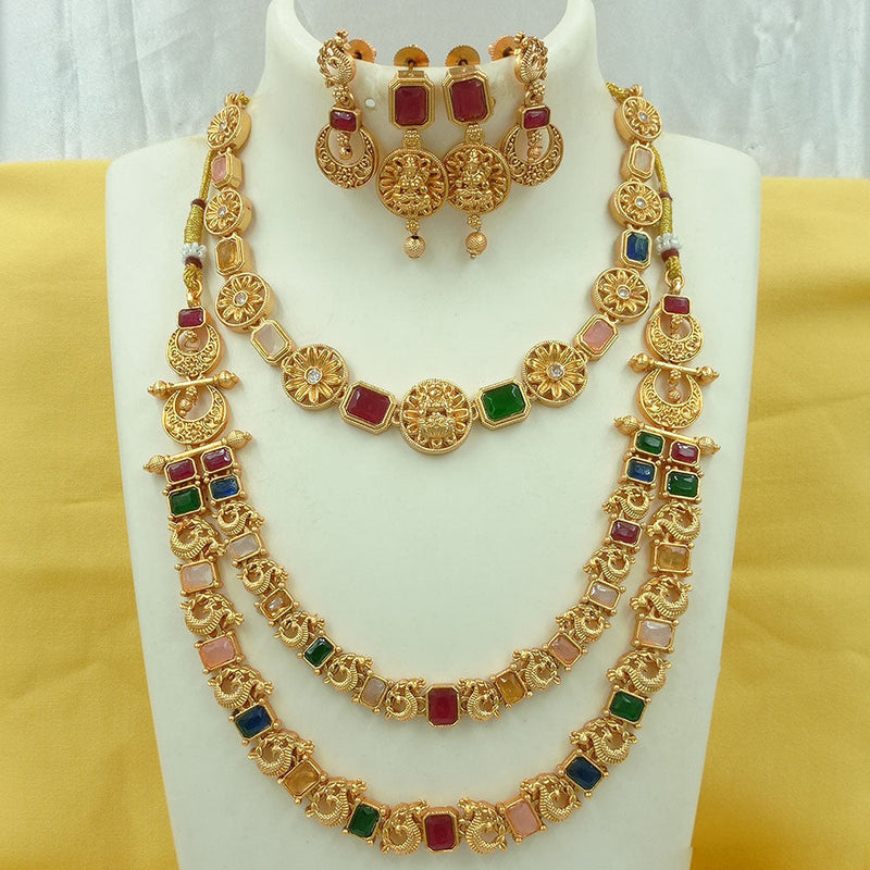 Joyful Jewel Art Matte Gold Plated Pota Stone Long Temple Necklace Combo