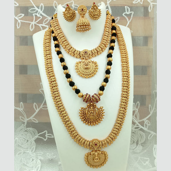 Joyful Jewel Art Matte Gold Plated Pota Stone Long Temple Necklace Combo