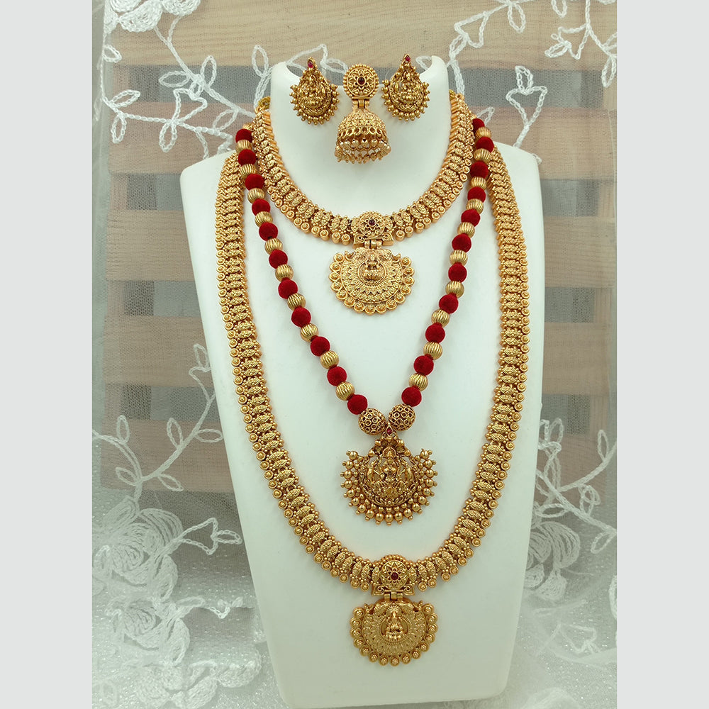 Joyful Jewel Art Matte Gold Plated Pota Stone Long Temple Necklace Combo