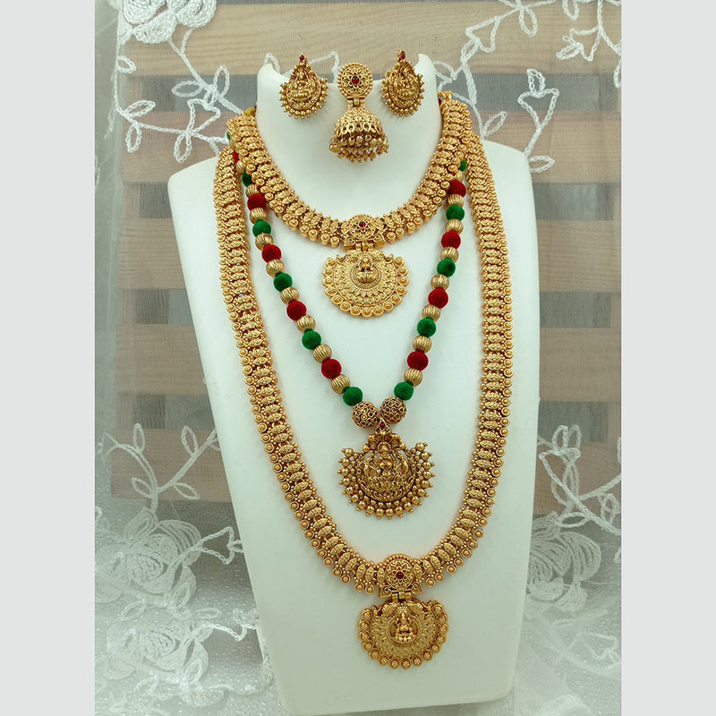 Joyful Jewel Art Matte Gold Plated Pota Stone Long Temple Necklace Combo