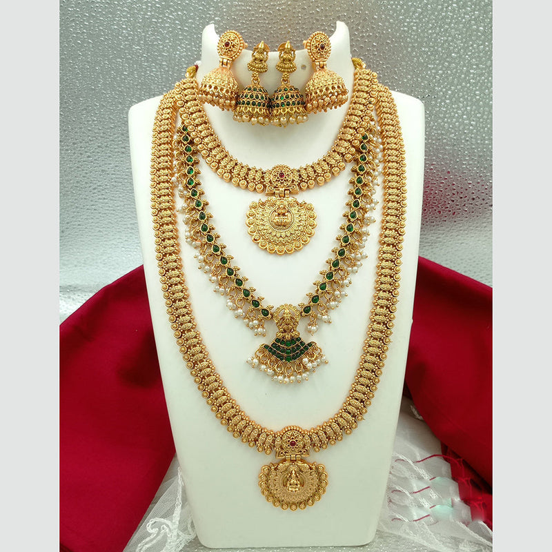 Joyful Jewel Art Matte Gold Plated Pota Stone Long Temple Necklace Combo