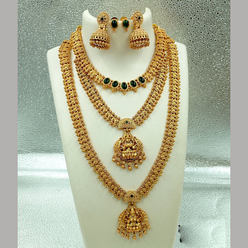 Joyful Jewel Art Matte Gold Plated Pota Stone Long Temple Necklace Combo