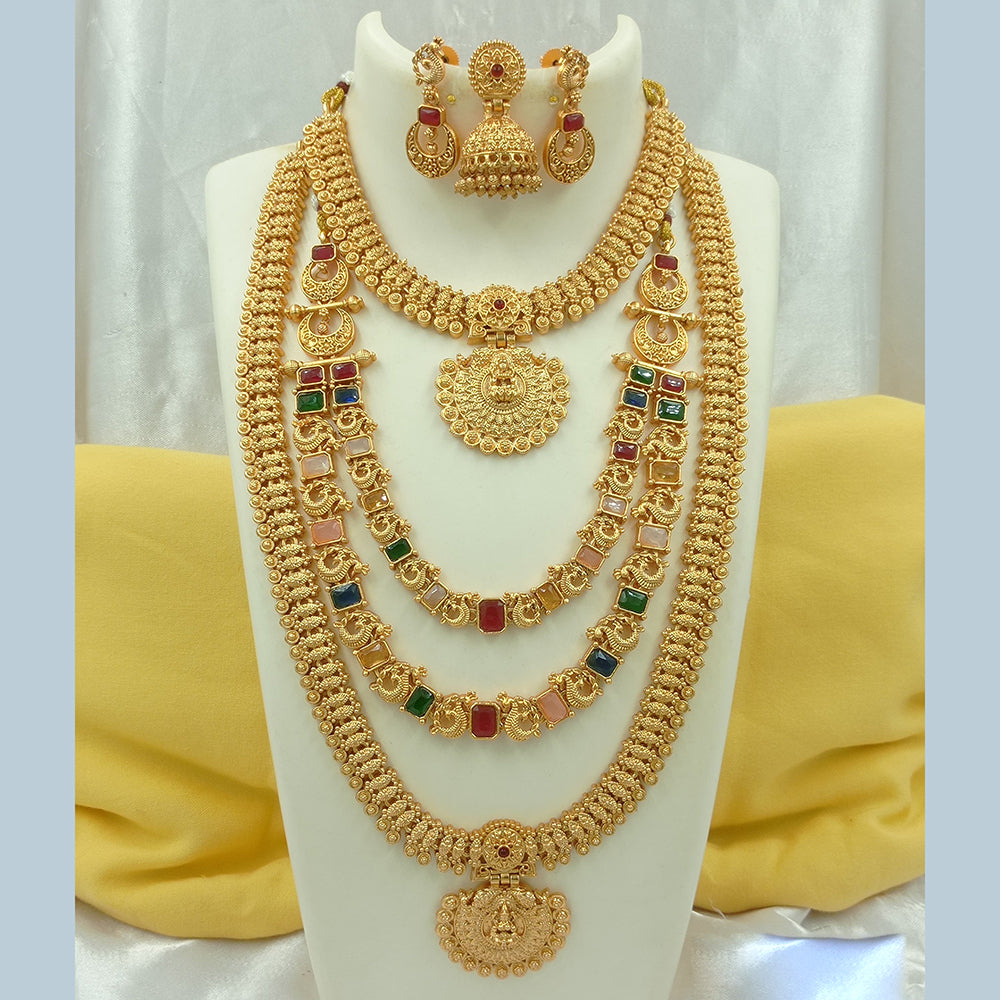 Joyful Jewel Art Matte Gold Plated Pota Stone Temple Long Necklace Combo