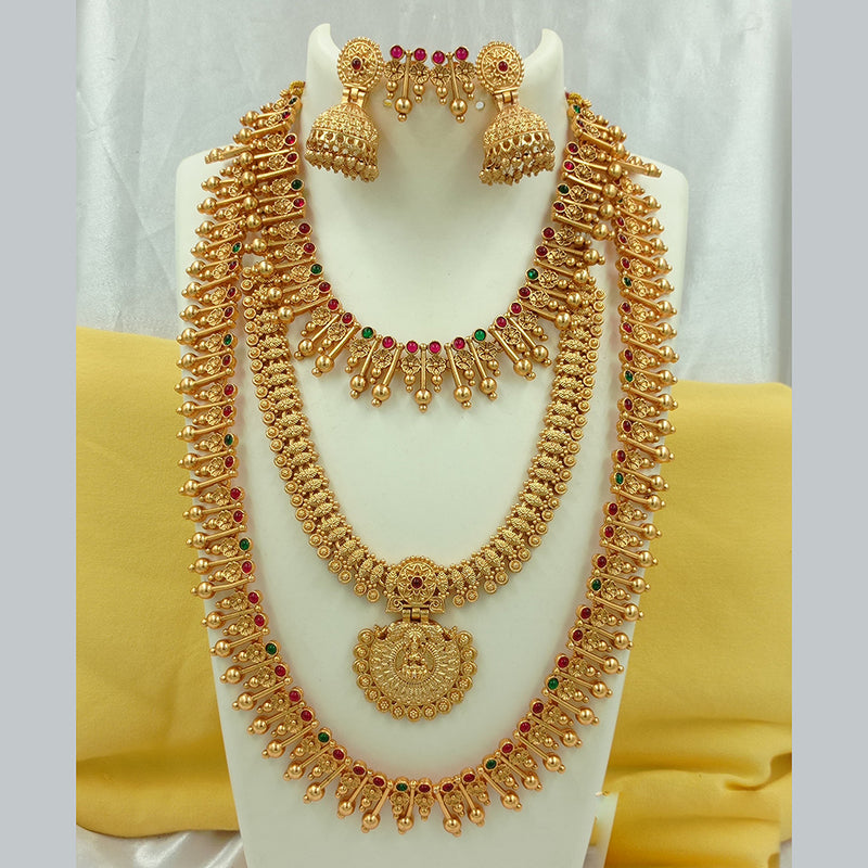 Joyful Jewel Art Matte Gold Plated Pota Stone Temple Long Necklace Combo