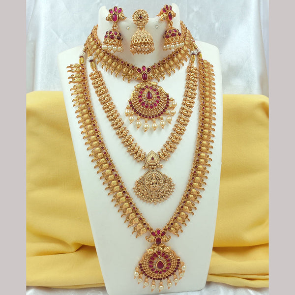 Joyful Jewel Art Matte Gold Plated Pota Stone Temple Long Necklace Combo