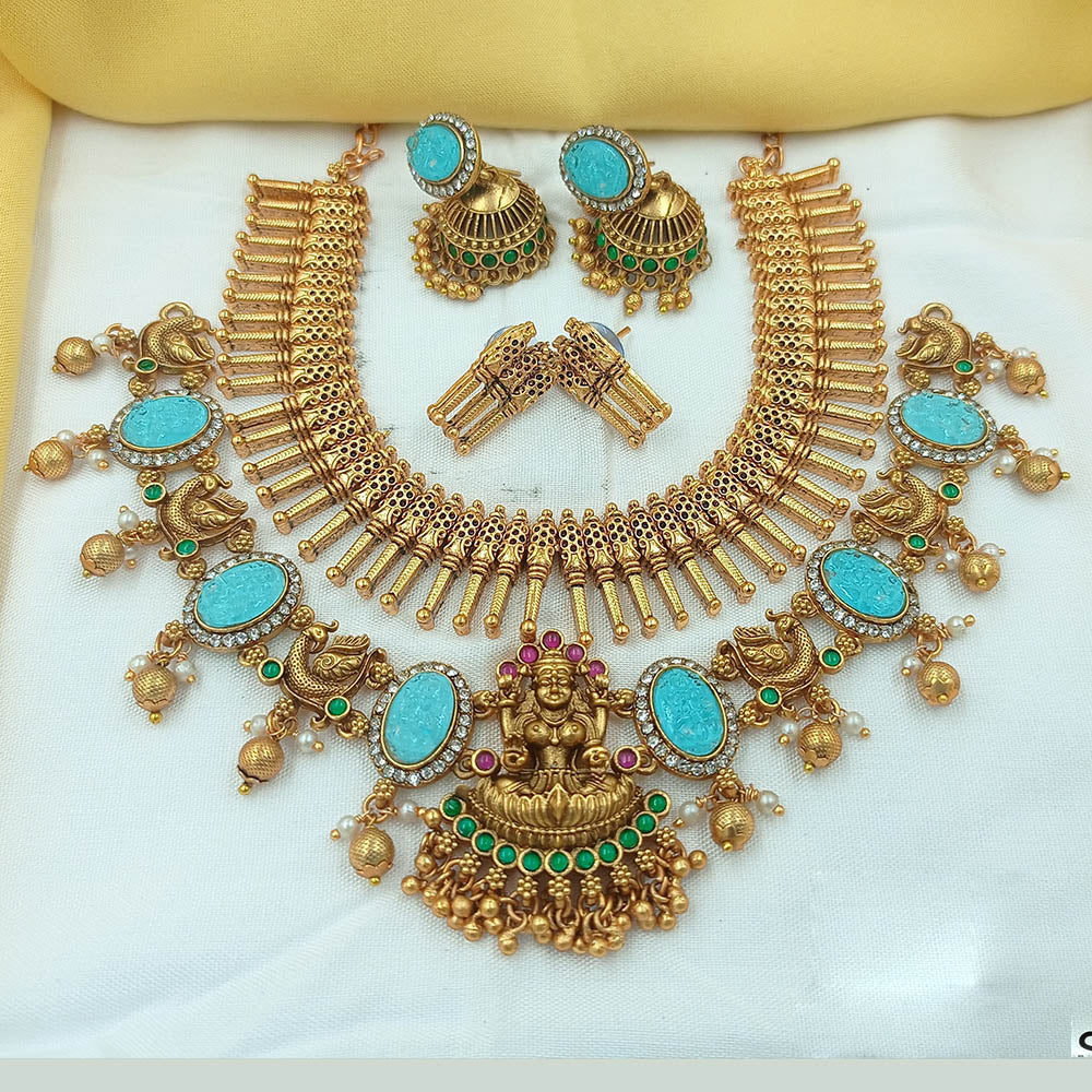 Joyful Jewel Art Matte Gold Plated Pota Stone Temple Long Necklace Combo