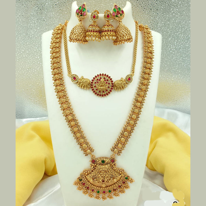 Joyful Jewel Art Matte Gold Plated Pota Stone Temple Long Necklace Combo