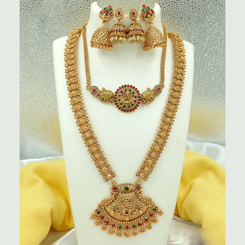 Joyful Jewel Art Matte Gold Plated Pota Stone Temple Long Necklace Combo