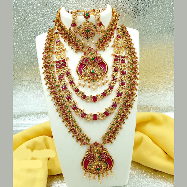 Joyful Jewel Art Matte Gold Plated Pota Stone Temple Long Necklace Combo