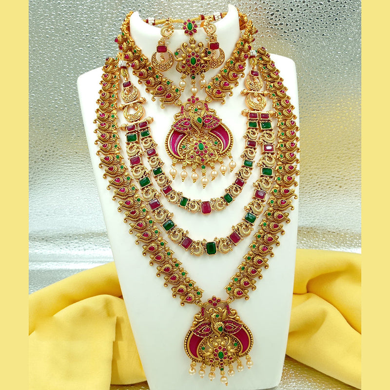 Joyful Jewel Art Matte Gold Plated Pota Stone Temple Long Necklace Combo